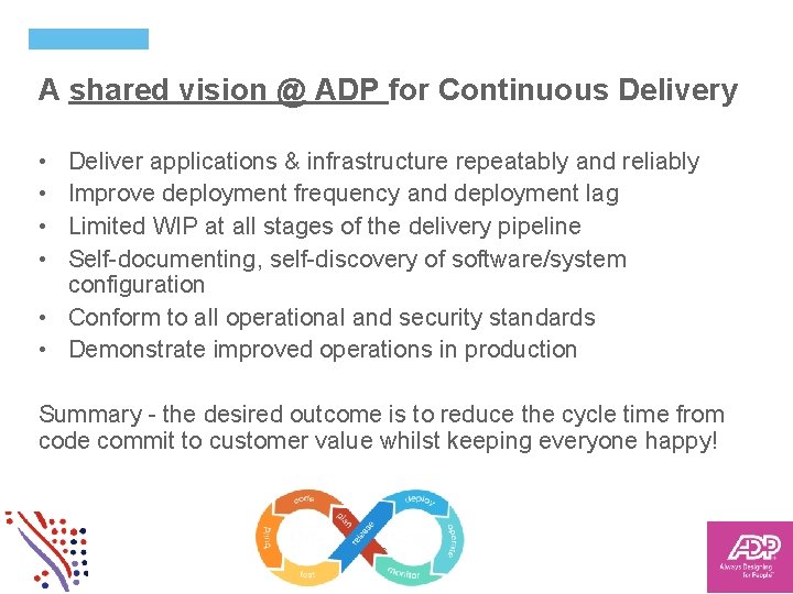 A shared vision @ ADP for Continuous Delivery • • Deliver applications & infrastructure