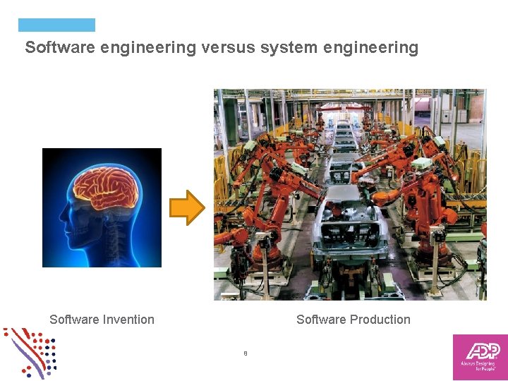 Software engineering versus system engineering Software Invention Software Production 8 Copyright © 2015 ADP,
