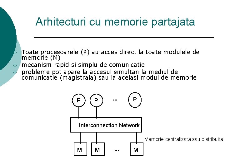 Arhitecturi cu memorie partajata ¡ ¡ ¡ Toate procesoarele (P) au acces direct la