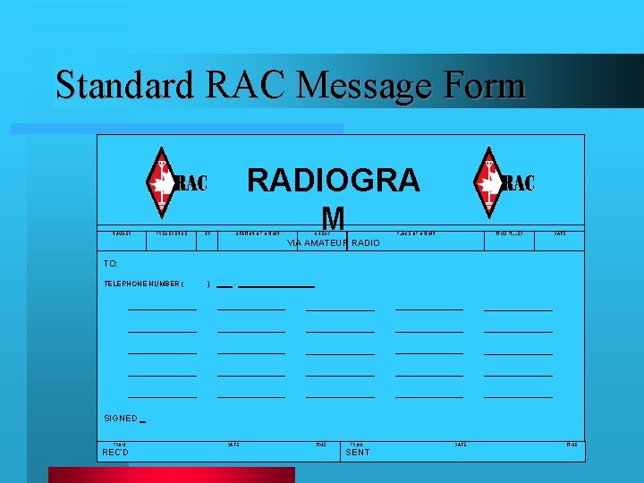 Standard RAC Message Form NUMBER PRECEDENCE HX RADIOGRA M STATION OF ORIGIN CHECK PLACE