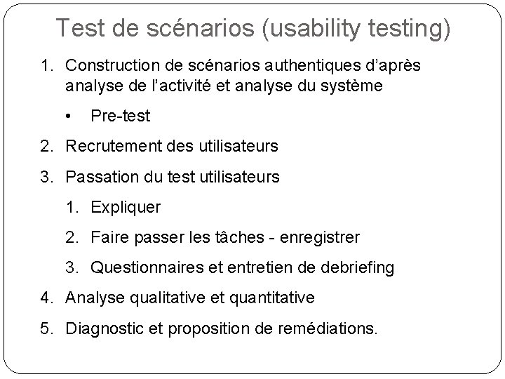 Test de scénarios (usability testing) 1. Construction de scénarios authentiques d’après analyse de l’activité