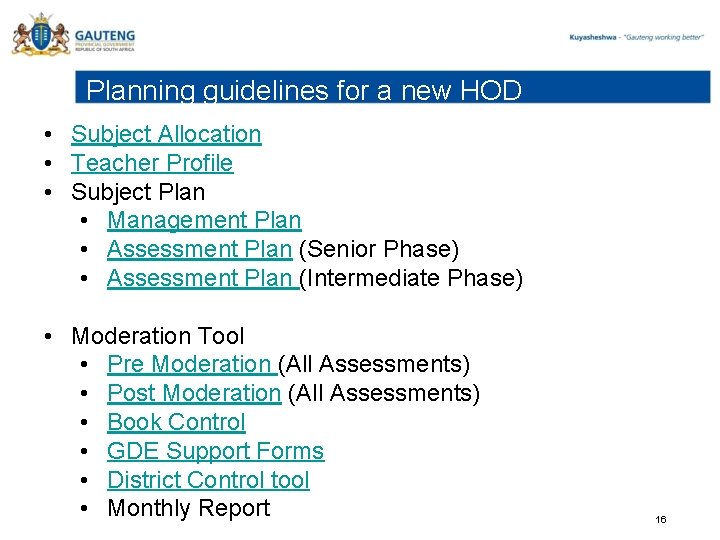 Planning guidelines for a new HOD • Subject Allocation • Teacher Profile • Subject