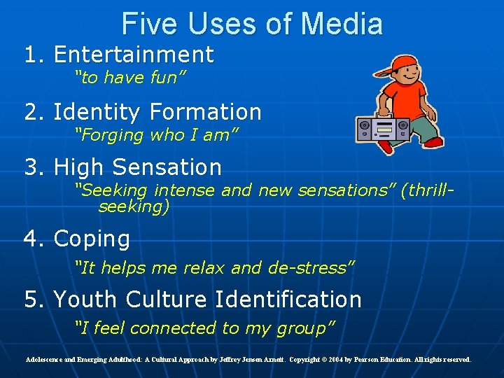 Five Uses of Media 1. Entertainment “to have fun” 2. Identity Formation “Forging who Five Uses of Media 1. Entertainment “to have fun” 2. Identity Formation “Forging who