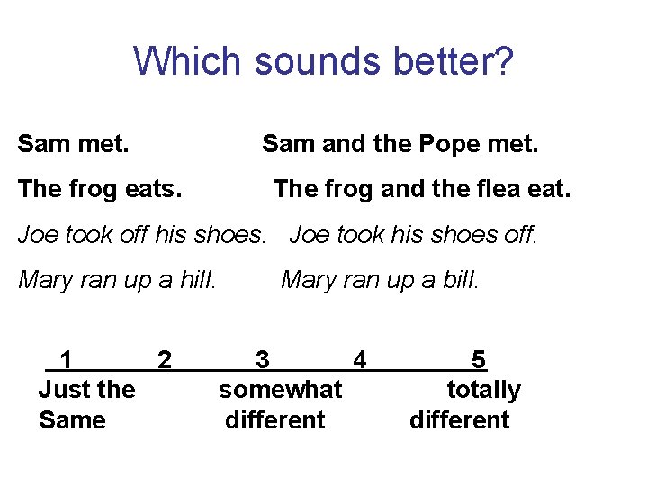 Which sounds better? Sam met. The frog eats. Sam and the Pope met. The