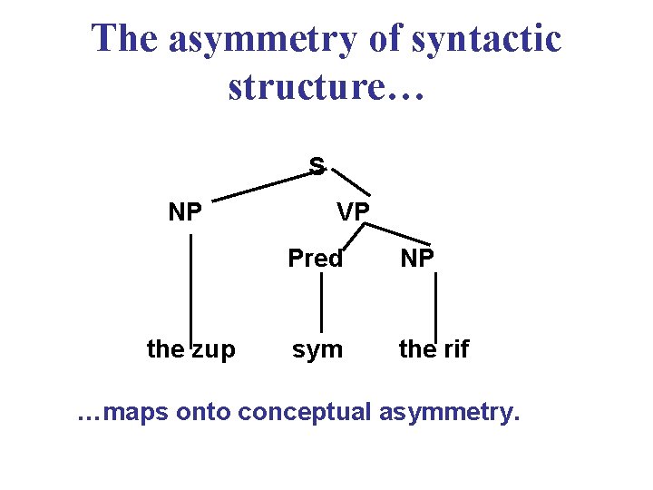 The asymmetry of syntactic structure… S NP the zup VP Pred NP sym the