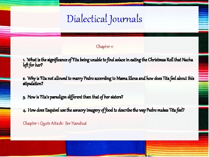 Dialectical Journals Chapter 1: 1. What is the significance of Tita being unable to Dialectical Journals Chapter 1: 1. What is the significance of Tita being unable to