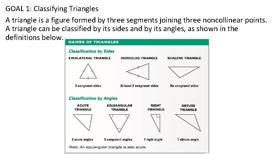 GOAL 1: Classifying Triangles A triangle is a figure formed by three segments joining