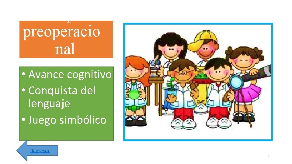 Etapa preoperacio nal • Avance cognitivo • Conquista del lenguaje • Juego simbólico Regresar