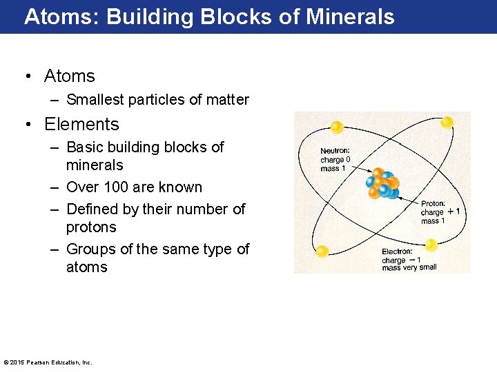 Atoms: Building Blocks of Minerals • Atoms – Smallest particles of matter • Elements