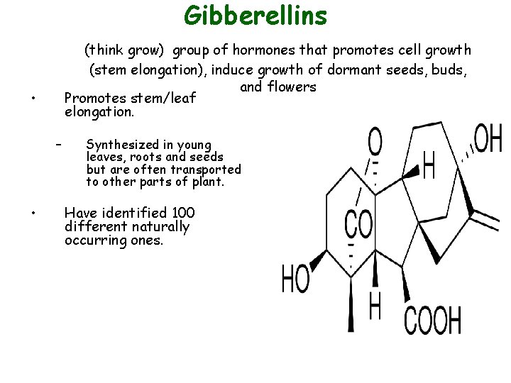 Gibberellins (think grow) group of hormones that promotes cell growth (stem elongation), induce growth