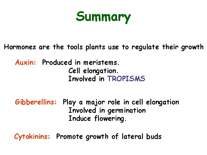 Summary Hormones are the tools plants use to regulate their growth Auxin: Produced in
