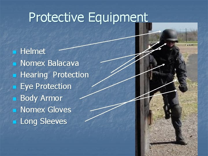 Protective Equipment n n n n Helmet Nomex Balacava Hearing Protection Eye Protection Body