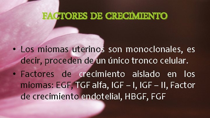 FACTORES DE CRECIMIENTO • Los miomas uterinos son monoclonales, es decir, proceden de un