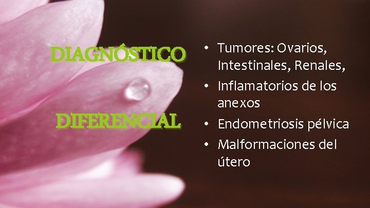 DIAGNÓSTICO DIFERENCIAL • Tumores: Ovarios, Intestinales, Renales, • Inflamatorios de los anexos • Endometriosis