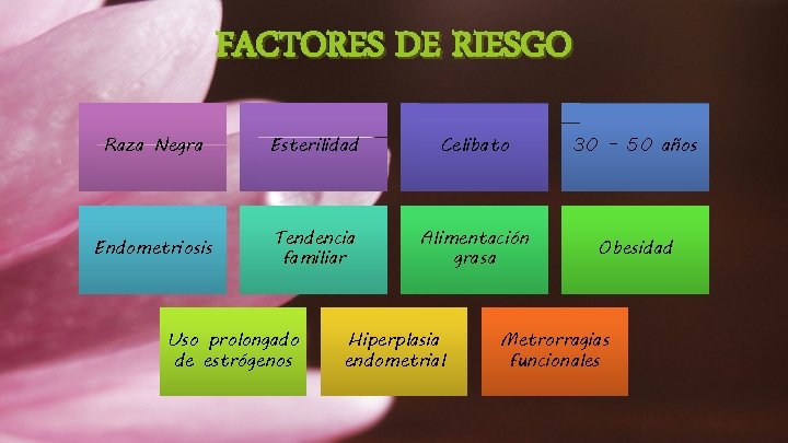 FACTORES DE RIESGO Raza Negra Esterilidad Celibato 30 – 50 años Endometriosis Tendencia familiar