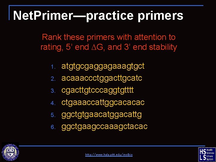 Net. Primer—practice primers Rank these primers with attention to rating, 5’ end DG, and