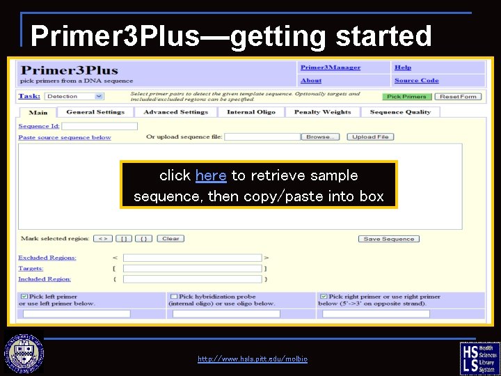 Primer 3 Plus—getting started click here to retrieve sample sequence, then copy/paste into box