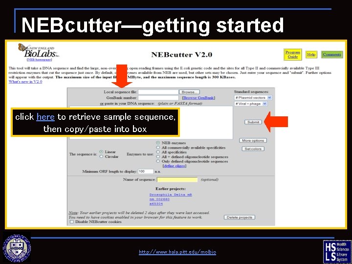 NEBcutter—getting started click here to retrieve sample sequence, then copy/paste into box http: //www.