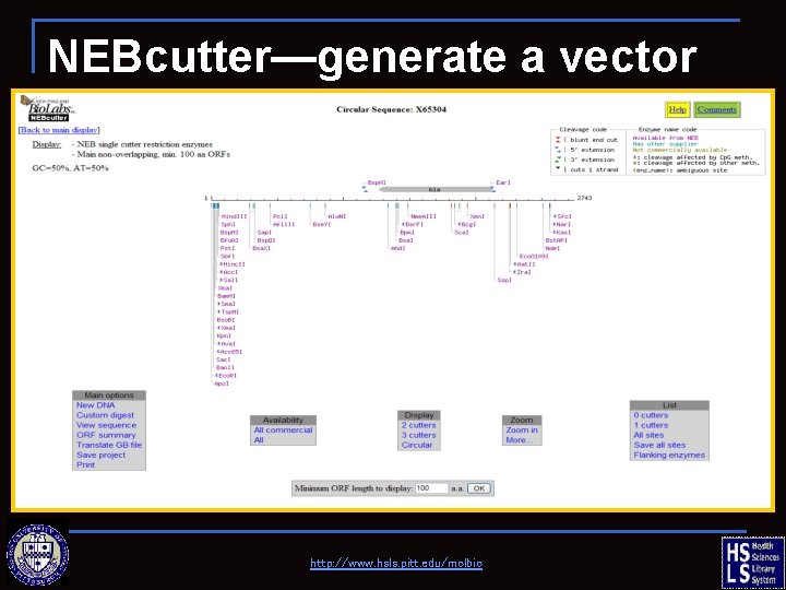 NEBcutter—generate a vector map http: //www. hsls. pitt. edu/molbio 