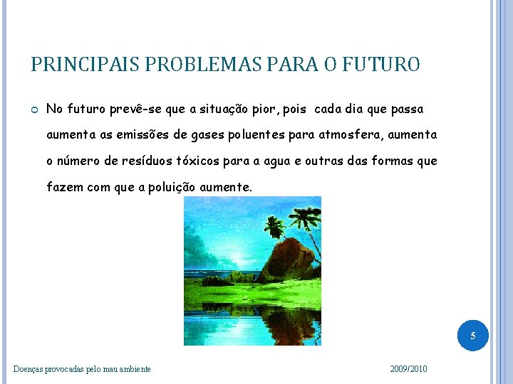 PRINCIPAIS PROBLEMAS PARA O FUTURO No futuro prevê-se que a situação pior, pois cada