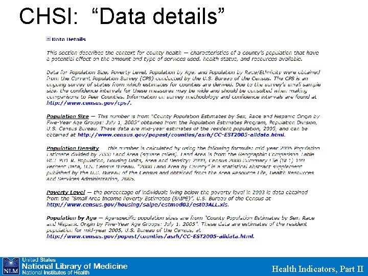 CHSI: “Data details” Health Indicators, Part II 
