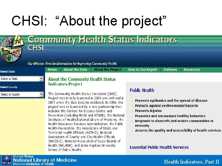 CHSI: “About the project” Health Indicators, Part II 