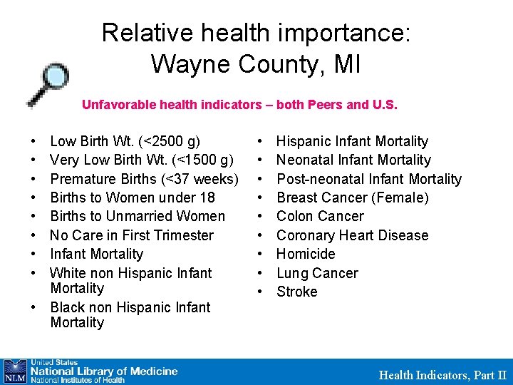 Relative health importance: Wayne County, MI Unfavorable health indicators – both Peers and U.
