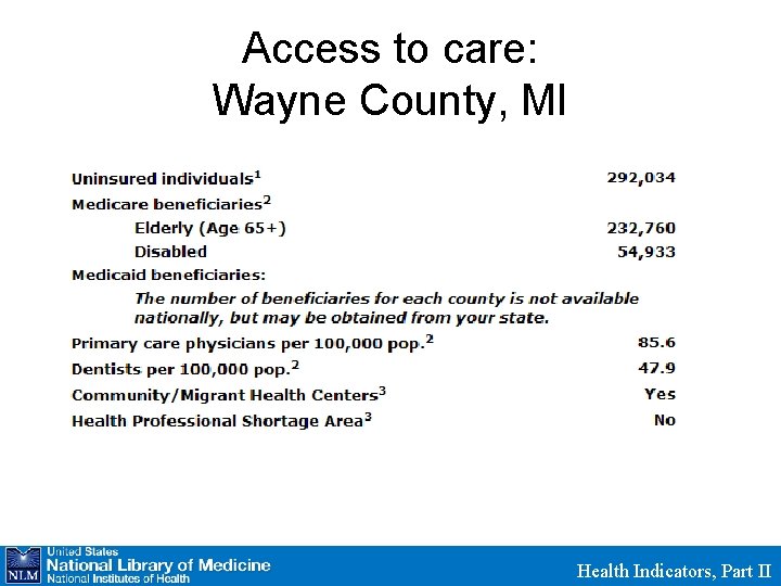 Access to care: Wayne County, MI Health Indicators, Part II 