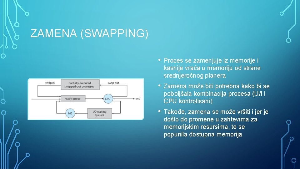 ZAMENA (SWAPPING) • Proces se zamenjuje iz memorije i kasnije vraća u memoriju od