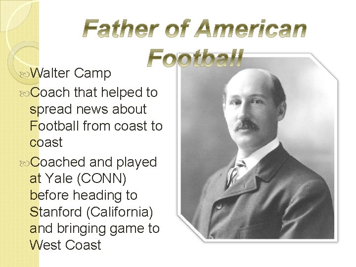  Walter Camp Coach that helped to spread news about Football from coast to
