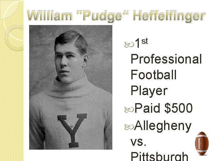 William "Pudge“ Heffelfinger st 1 Professional Football Player Paid $500 Allegheny vs. 