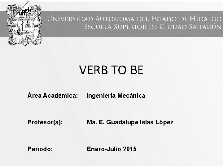 VERB TO BE Área Académica: Ingeniería Mecánica Profesor(a): Ma. E. Guadalupe Islas López Periodo: