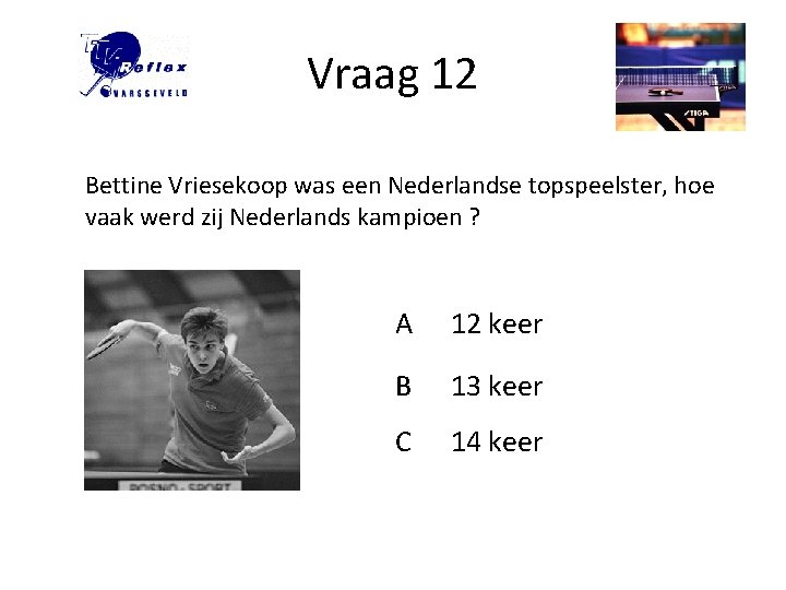 Vraag 12 Bettine Vriesekoop was een Nederlandse topspeelster, hoe vaak werd zij Nederlands kampioen