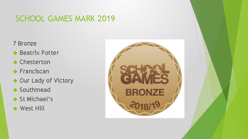 SCHOOL GAMES MARK 2019 7 Bronze Beatrix Potter Chesterton Franciscan Our Lady of Victory SCHOOL GAMES MARK 2019 7 Bronze Beatrix Potter Chesterton Franciscan Our Lady of Victory