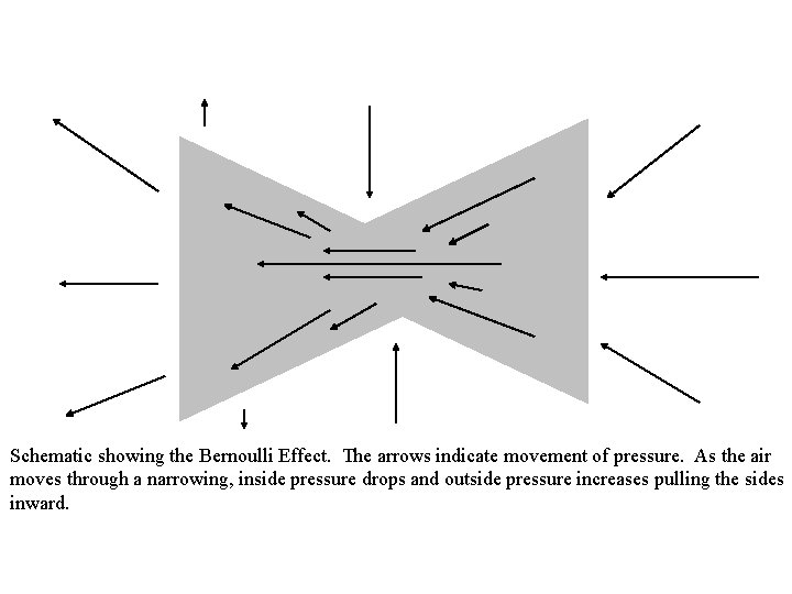 Schematic showing the Bernoulli Effect. The arrows indicate movement of pressure. As the air