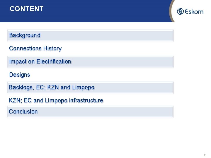 CONTENT Background Connections History Impact on Electrification Designs Backlogs, EC; KZN and Limpopo KZN;