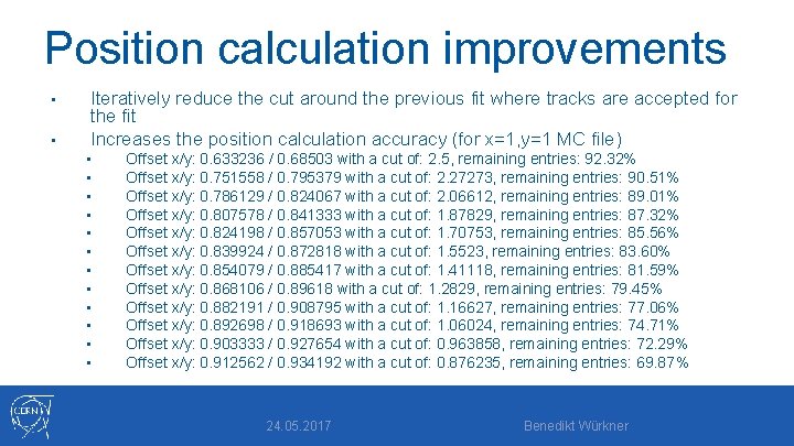 Position calculation improvements • • Iteratively reduce the cut around the previous fit where