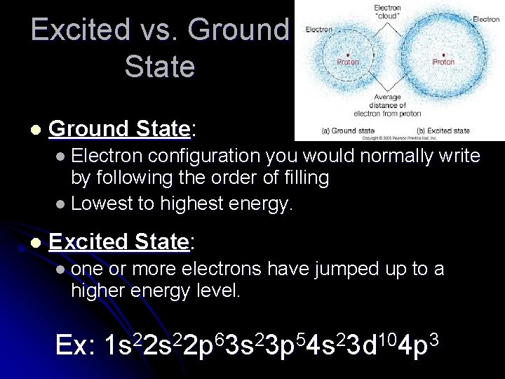 Excited vs. Ground State l Ground State: l Electron configuration you would normally write