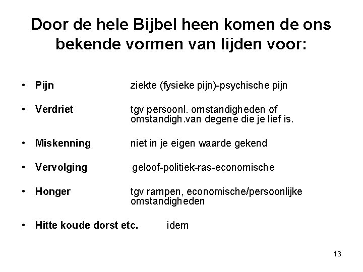 Door de hele Bijbel heen komen de ons bekende vormen van lijden voor: •