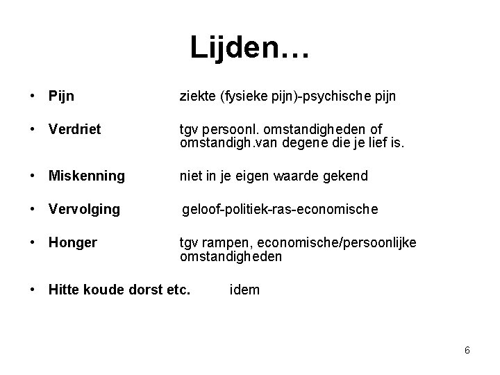 Lijden… • Pijn ziekte (fysieke pijn)-psychische pijn • Verdriet tgv persoonl. omstandigheden of omstandigh.