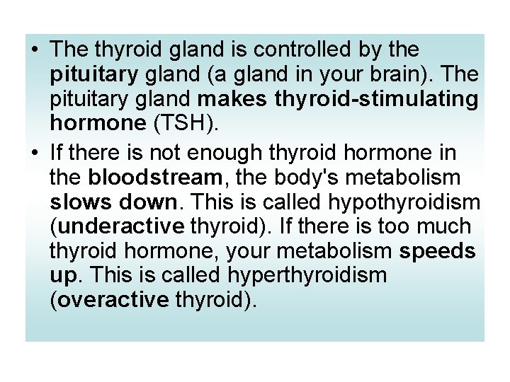  • The thyroid gland is controlled by the pituitary gland (a gland in