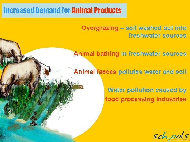 Increased Demand for Animal Products Overgrazing – soil washed out into freshwater sources Animal