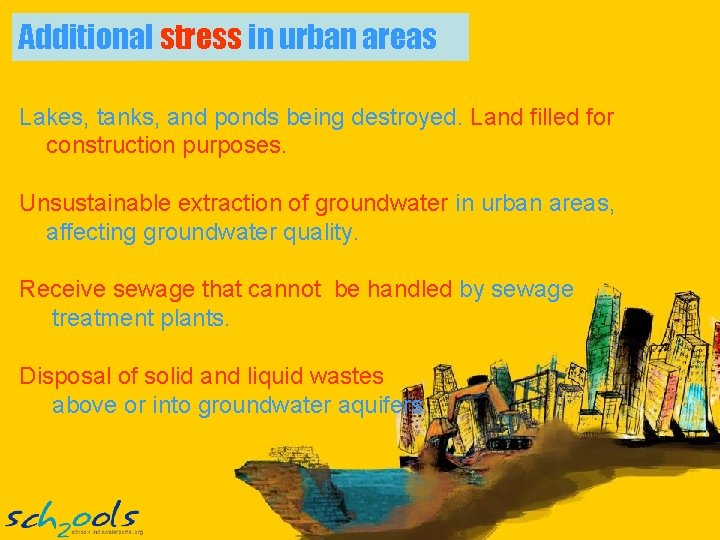 Additional stress in urban areas Lakes, tanks, and ponds being destroyed. Land filled for