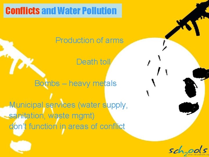 Conflicts and Water Pollution Production of arms Death toll Bombs – heavy metals Municipal