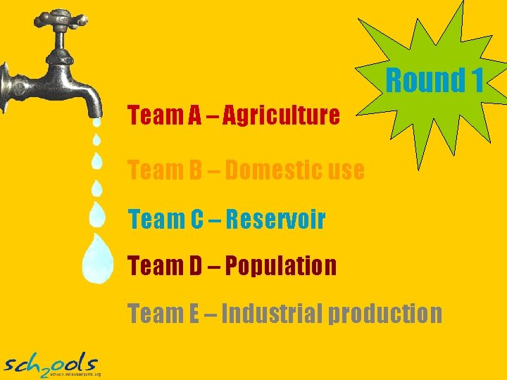Round 1 Team A – Agriculture Team B – Domestic use Team C –