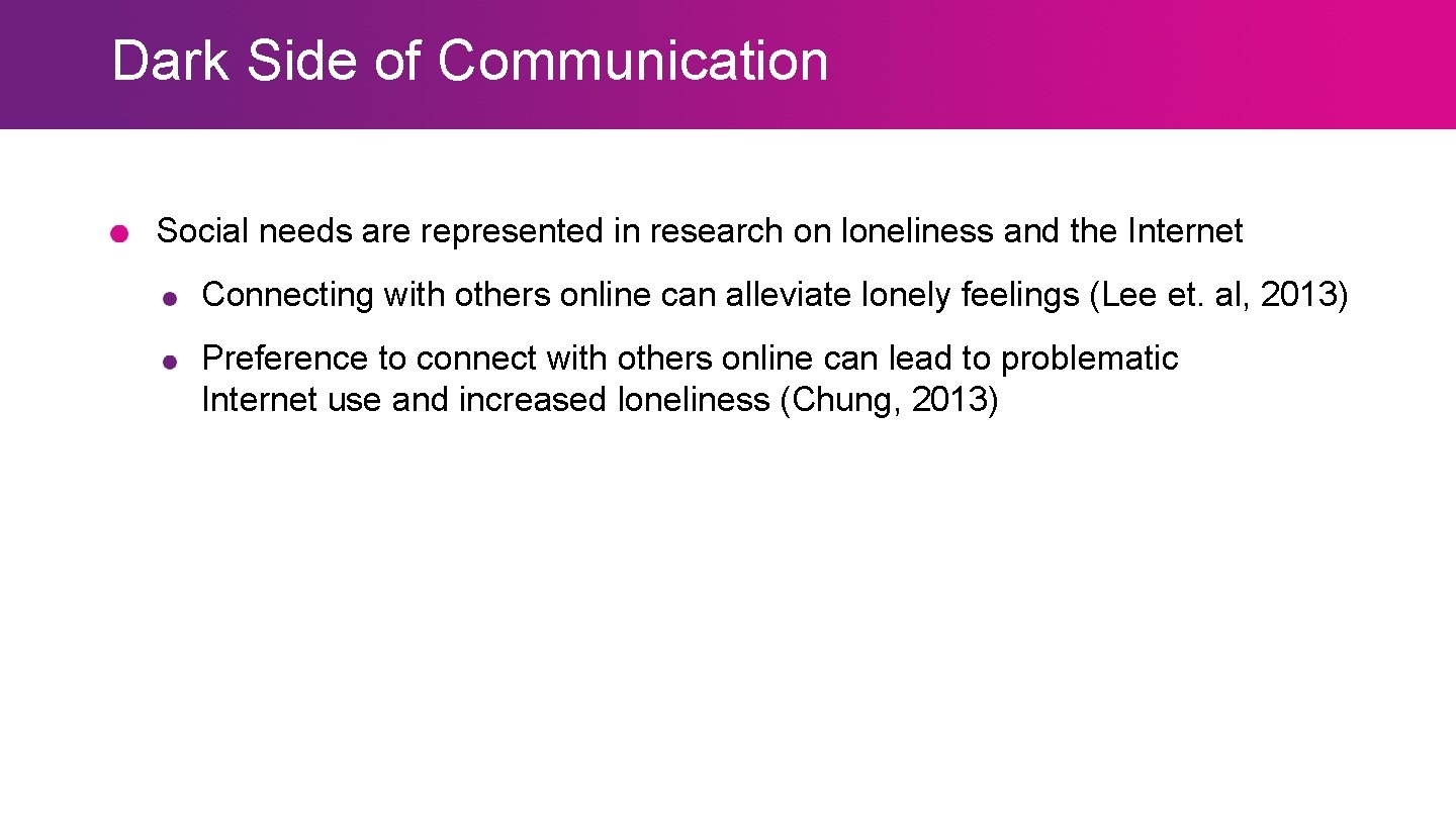 Dark Side of Communication Social needs are represented in research on loneliness and the