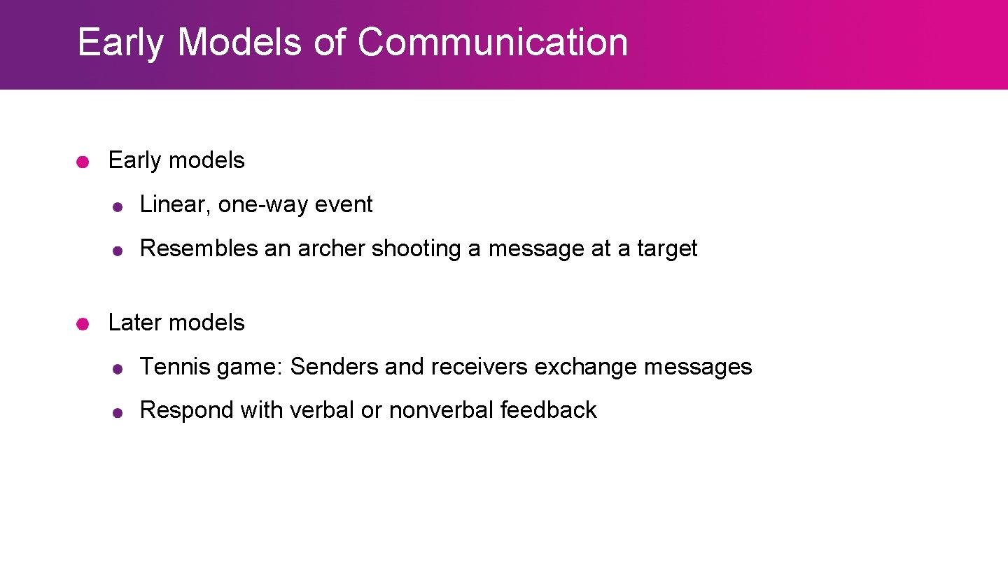 Early Models of Communication Early models Linear, one-way event Resembles an archer shooting a