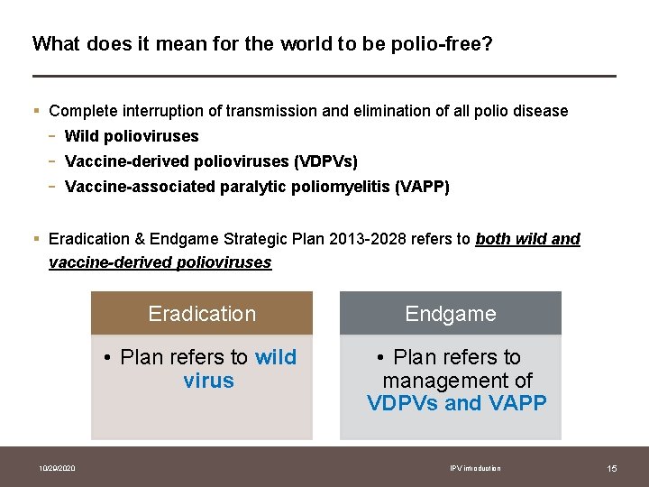 What does it mean for the world to be polio-free? § Complete interruption of