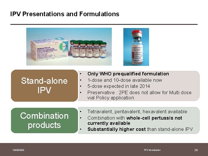 IPV Presentations and Formulations Stand-alone IPV Combination products 10/29/2020 • • Only WHO prequalified