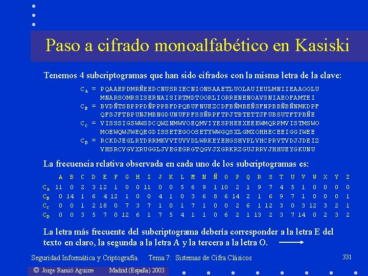 Paso a cifrado monoalfabético en Kasiski Tenemos 4 subcriptogramas que han sido cifrados con